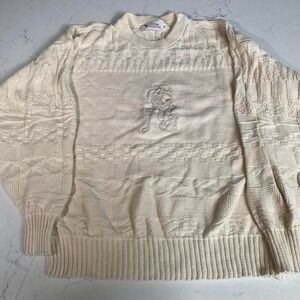Vintage 80s Disney Fashions XL Cable‑Knit Embroidered Goofy Golf ‎ Cream Sweater
